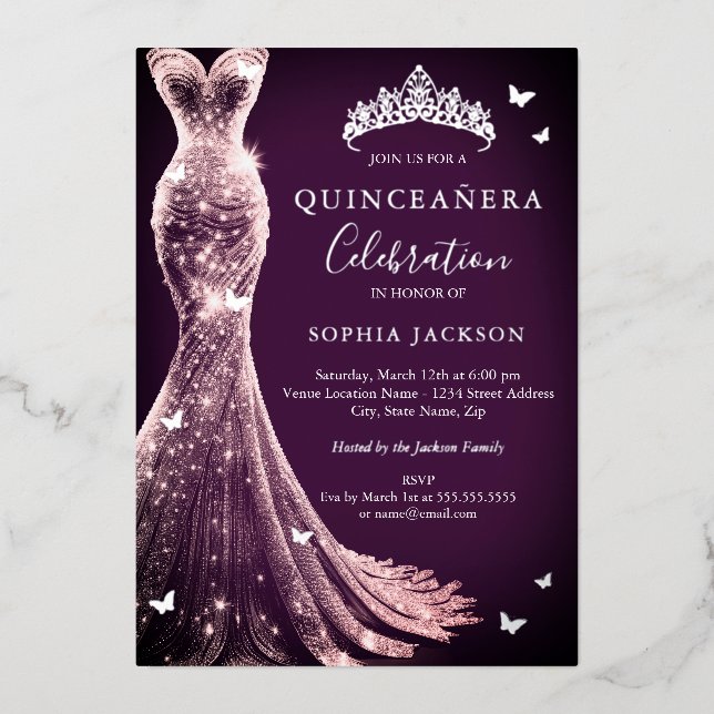 Elegant Pink Purple Silver Butterfly Quinceanera (Front)