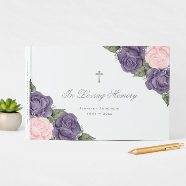 Elegant Pink Purple Silver Floral Memorial Funeral Guest Book (InSitu Display)