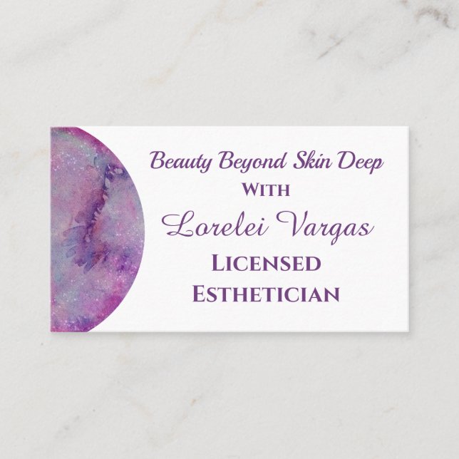 Elegant Pink Purple Watercolor Aesthetician & QR Business Card (Front)
