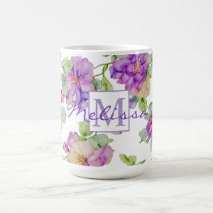 Elegant pink purple watercolor floral monogram coffee mug