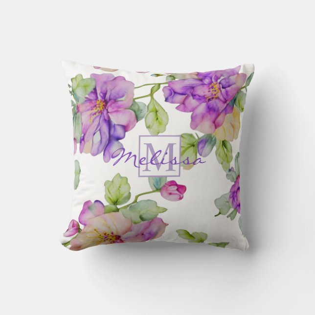 Elegant pink purple watercolor floral monogram cushion (Front)