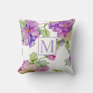 Elegant pink purple watercolor floral monogram cushion