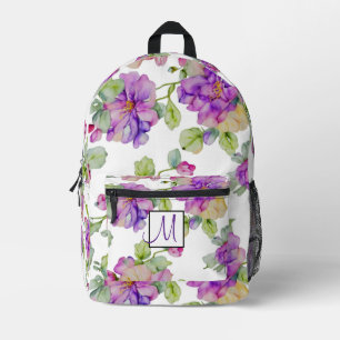 Elegant pink purple watercolor floral monogram printed backpack