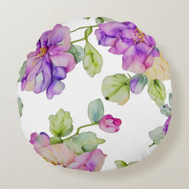 Elegant pink purple watercolor floral round cushion (Front)