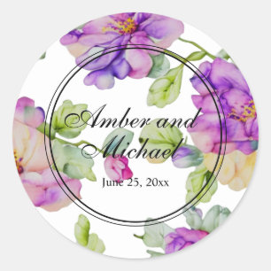 Elegant pink purple watercolor floral Wedding Classic Round Sticker