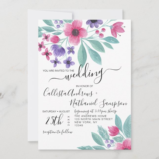 Elegant Pink Purple Watercolor Floral Wedding Invitation (Front)