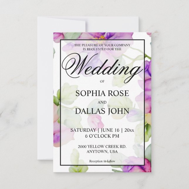Elegant pink purple watercolor floral Wedding Invitation (Front)