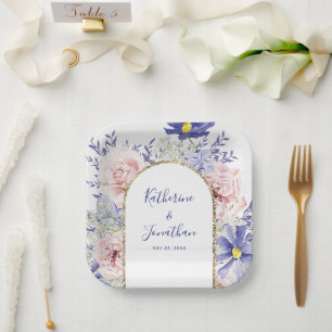 Elegant Pink Purple Watercolor Floral Wedding Paper Plate