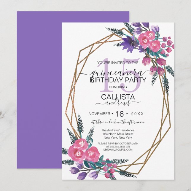 Elegant Pink Purple Watercolor Flowers Quinceañera Invitation (Front/Back)