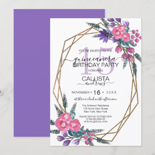 Elegant Pink Purple Watercolor Flowers Quinceañera Invitation
