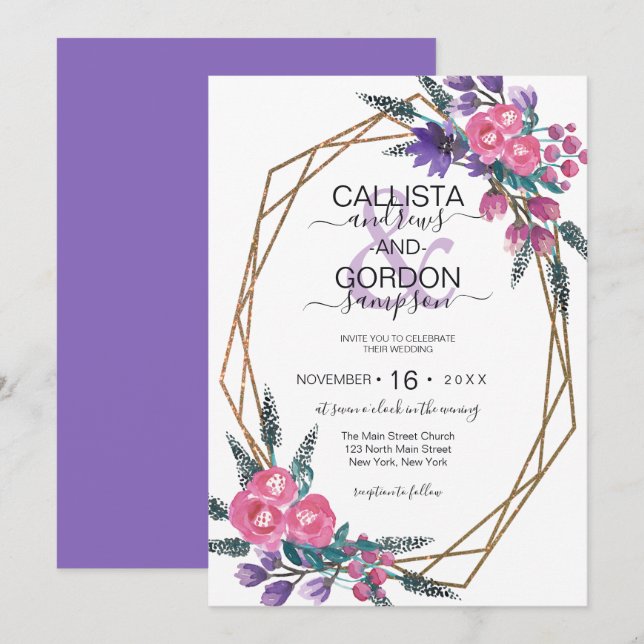 Elegant Pink Purple Watercolor Flowers Wedding Invitation (Front/Back)