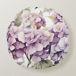 Elegant pink purple watercolor hydrangeas  round cushion