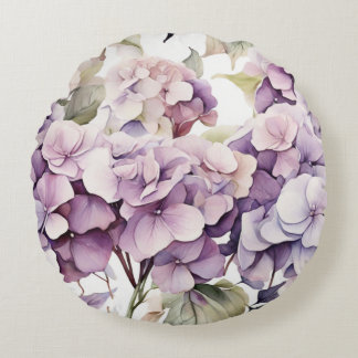 Elegant pink purple watercolor hydrangeas round cushion