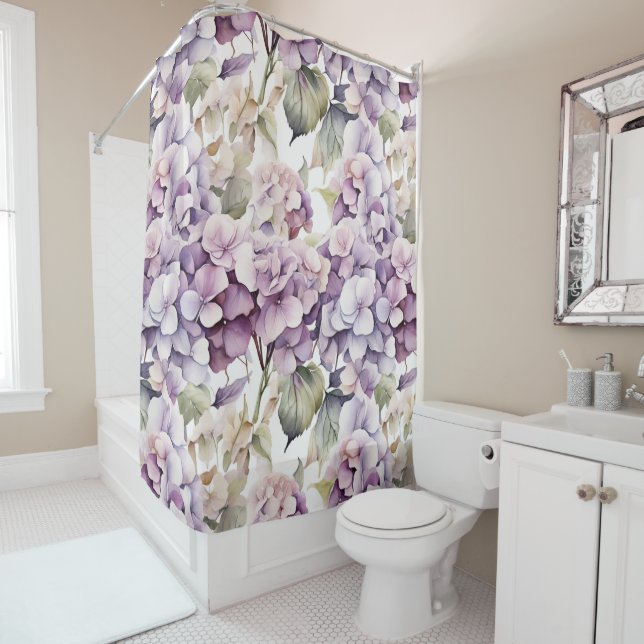 Elegant pink purple watercolor hydrangeas  shower curtain (In Situ)