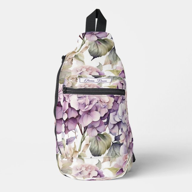 Elegant pink purple watercolor hydrangeas  sling bag (Front)