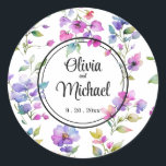 Elegant pink purple watercolor wildflowers  classic round sticker<br><div class="desc">Elegant pink purple watercolor wildflowers greenery - Perfect for spring, summer, or fall events. Beautiful pink wildflower watercolor artwork for country, boho, garden, and floral theme occasions. To get started changing names and event details, click on "Personalise this template" and edit the wording in the template boxes. To access the...</div>