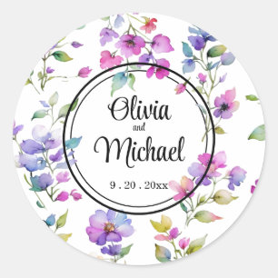 Elegant pink purple watercolor wildflowers classic round sticker