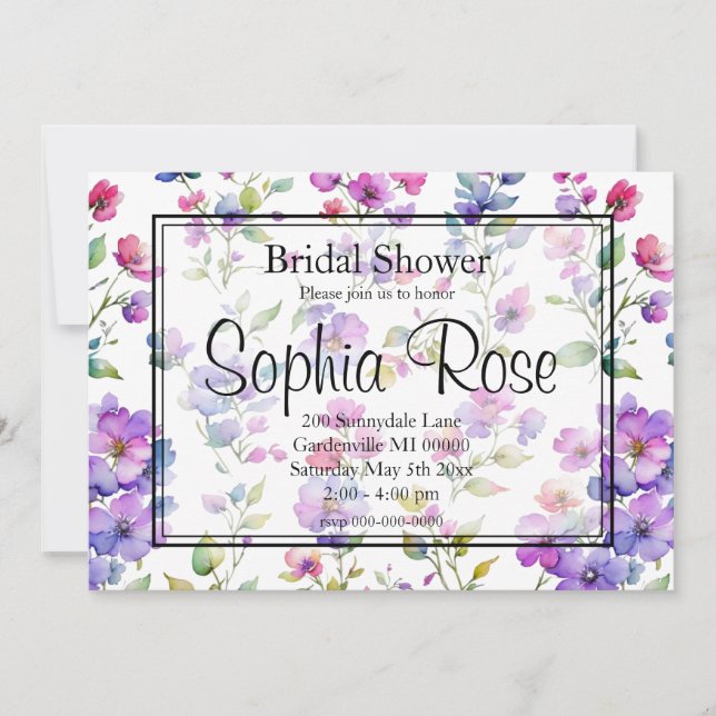 Elegant pink purple watercolor wildflowers  invitation (Front)