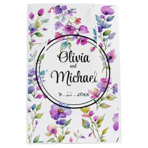 Elegant pink purple watercolor wildflowers  medium gift bag
