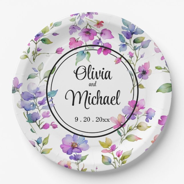 Elegant pink purple watercolor wildflowers  paper plate (Front)