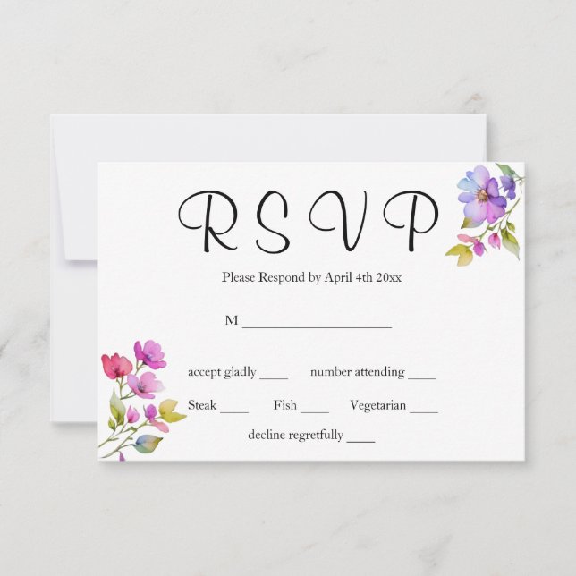 Elegant pink purple watercolor wildflowers  RSVP card (Front)