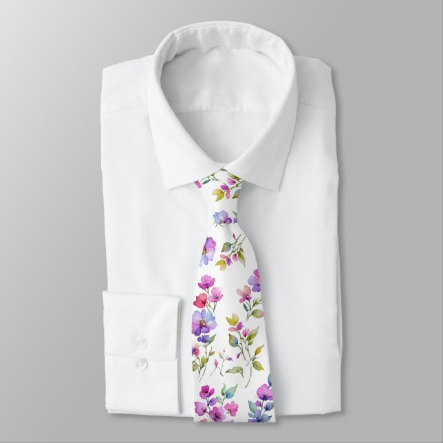 Elegant pink purple watercolor wildflowers  tie (Tied)