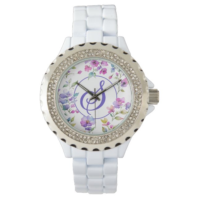 Elegant pink purple watercolor wildflowers  watch (Front)