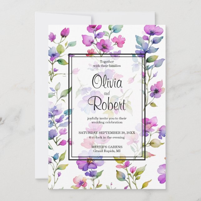 Elegant pink purple watercolor wildflowers wedding invitation (Front)