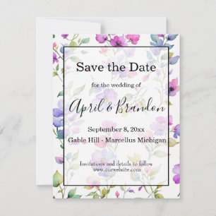 Elegant pink purple watercolor wildflowers wedding save the date