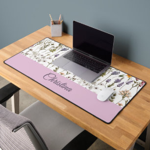 Elegant Pink Purple Wildflower Pattern Custom Name Desk Mat