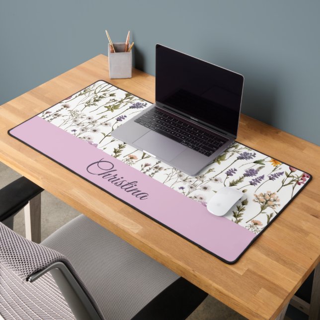 Elegant Pink Purple Wildflower Pattern Custom Name Desk Mat (Office 2)