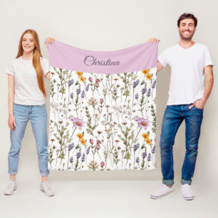 Elegant Pink Purple Wildflower Pattern Custom Name Fleece Blanket