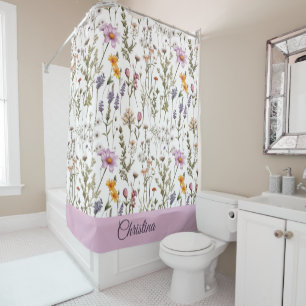 Elegant Pink Purple Wildflower Pattern Custom Name Shower Curtain