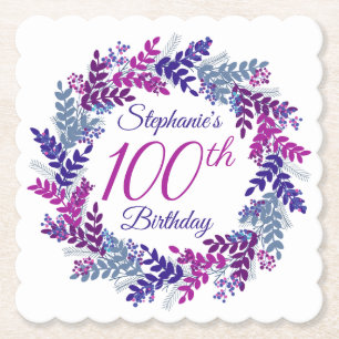 Elegant Pink Purple Wreath 100th Birthday Paper Coaster