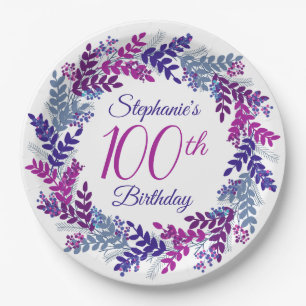 Elegant Pink Purple Wreath 100th Birthday Paper Plate