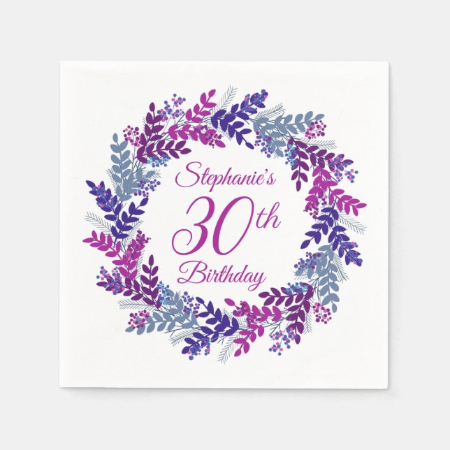 Elegant Pink Purple Wreath 30th Birthday Napkin (Front)