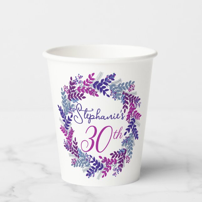 Elegant Pink Purple Wreath 30th Birthday Party Paper Cups (Front)