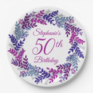 Elegant Pink Purple Wreath 50th Birthday Paper Plate
