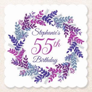 Elegant Pink Purple Wreath 55th Birthday Paper Coaster