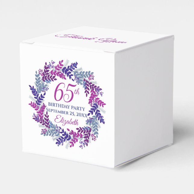 Elegant Pink Purple Wreath 65th Birthday Party Favour Box (Front Side)