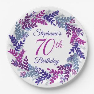 Elegant Pink Purple Wreath 70th Birthday Paper Plate