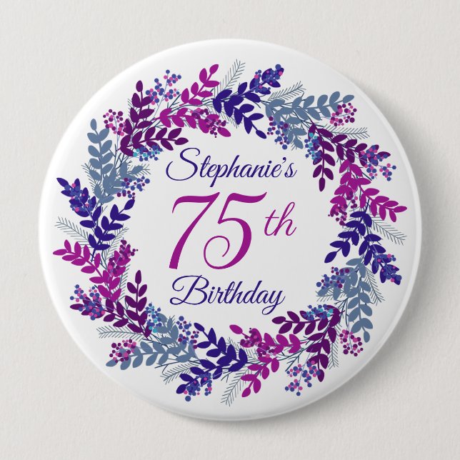 Elegant Pink Purple Wreath 75th Birthday 10 Cm Round Badge (Front)