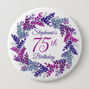 Elegant Pink Purple Wreath 75th Birthday 10 Cm Round Badge