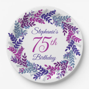 Elegant Pink Purple Wreath 75th Birthday Paper Plate