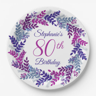 Elegant Pink Purple Wreath 80th Birthday Paper Plate