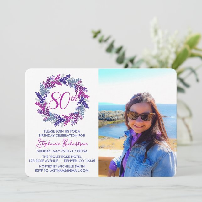 Elegant Pink Purple Wreath 80th Birthday Party Invitation (Standing Front)