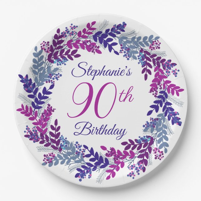 Elegant Pink Purple Wreath 90th Birthday Paper Plate (Front)