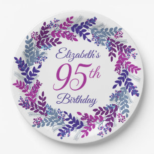 Elegant Pink Purple Wreath 95th Birthday Party Paper Plate