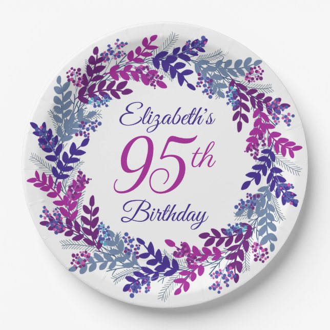 Elegant Pink Purple Wreath 95th Birthday Party Paper Plate (Front)