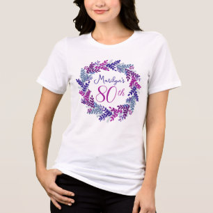 Elegant Pink Purple Wreath Monogram 80th Birthday Tri-Blend Shirt